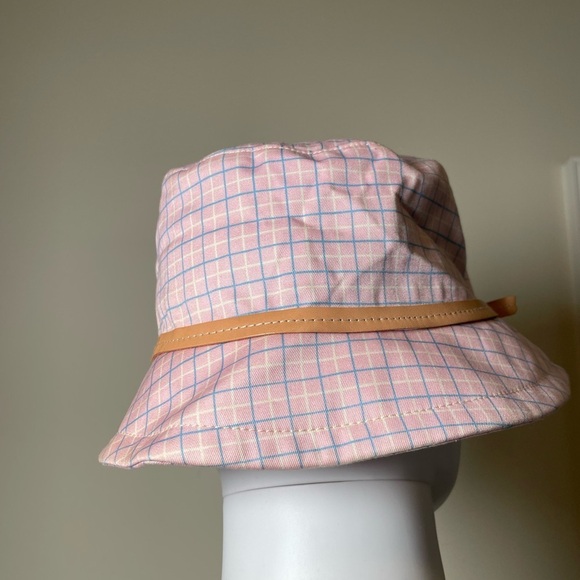 COACH Tattersall Plaid Bucket Hat Pink Blue Sz P/S Leather Trim Cotton Preppy main image 12